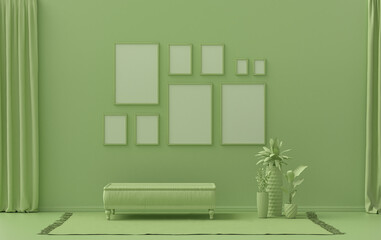 Modern interior flat light green color room with single chair and plants, gallery wall template with 9 frames on the wall for poster presentation, 3d Rendering