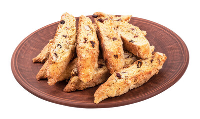 Biscotti on a brown plate on white background with clipping path