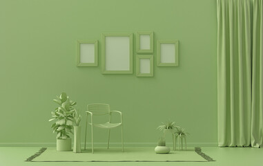 Flat color interior room for poster showcase with 5 frames  on the wall, monochrome light green color gallery wall with furnitures and plants. 3D rendering