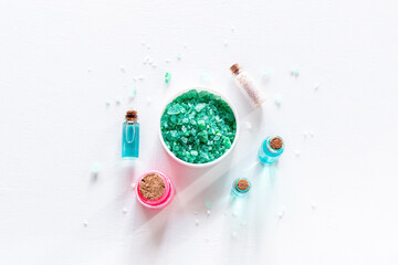 bath salt perfume and cream from natural ingredients on white background