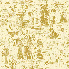 Abstract seamless pattern on an Ancient Egypt theme with Egyptian gods and handwritten text lorem ipsum in grunge style. Repeating vector background, Wallpaper, wrapping paper or fabric