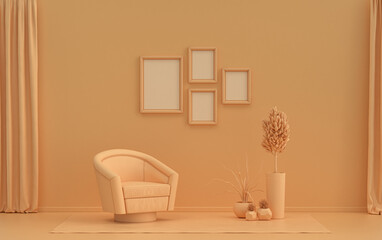 Interior room in plain monochrome orange pinkish color, 4 frames on the wall with single chair and plants, for poster presentation, Gallery wall. 3D rendering