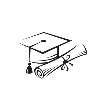 illustration of graduation cap and rolled diploma isolated on white background
