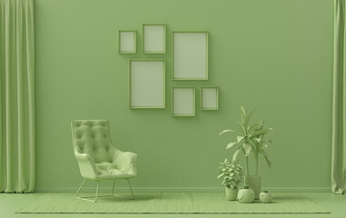 Wall mockup with six frames in solid flat  pastel light green color, monochrome interior modern living room with single chair and plants, 3d rendering