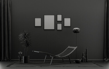 Flat color interior room for poster showcase with 5 frames  on the wall, monochrome black and dark gray color gallery wall with a meditation bed, furnitures and plants. 3D rendering