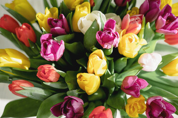 Bouquet of bright colorful tulips. Beautiful floral background. Spring flowers.