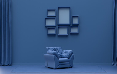 Mock-up poster gallery wall with 7 frames in solid pastel dark blue room with single chair, without plant, 3d Rendering