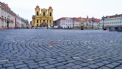Timisoara - empty city, in quarantine. Unirii's square in 9th day of quarantine. The catholic doom...