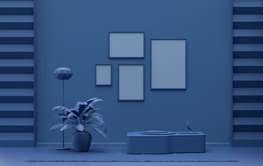 Interior room in plain monochrome dark blue color, 4 frames on the wall with furnitures and plants, for poster presentation, Gallery wall. 3D rendering