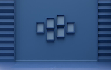 Poster frame background room in flat dark blue color with 6 frames on the wall, solid monochrome background for gallery wall mockup, 3d rendering