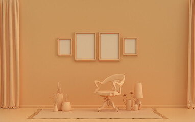 Interior room in plain monochrome orange pinkish color, 4 frames on the wall with furnitures and plants, for poster presentation, Gallery wall. 3D rendering