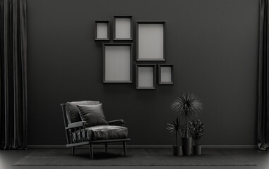 Wall mockup with six frames in solid flat  pastel black and dark gray color, monochrome interior modern living room with single chair and plants, 3d rendering