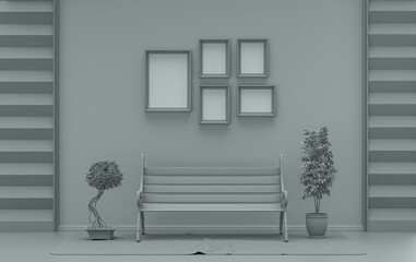 Flat color interior room for poster showcase with 5 frames  on the wall, monochrome ash gray color gallery wall with single park bench, furnitures and plants. 3D rendering