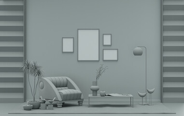 Interior room in plain monochrome ash gray color, 4 frames on the wall with furnitures and plants, for poster presentation, Gallery wall. 3D rendering