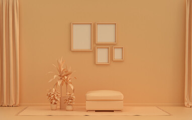 Single color monochrome orange pinkish color interior room with single chair and plants,  4 poster frames on the wall, 3D rendering