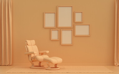 Poster frame background room in flat orange pinkish color with 6 frames on the wall, solid monochrome background for gallery wall mockup, 3d rendering