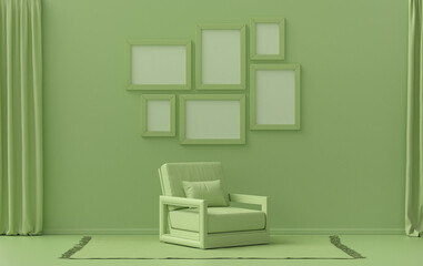 Wall mockup with six frames in solid flat  pastel light green color, monochrome interior modern living room with single chair, without plant, 3d rendering