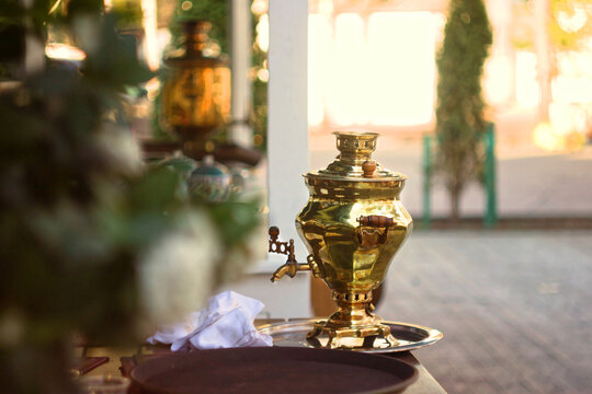 Samovar In Russian Dacha On Spring Time