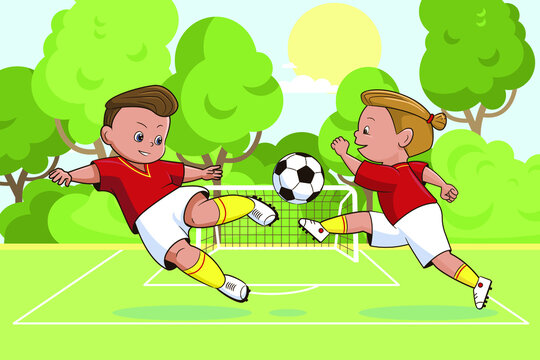 Football teenage players kicking soccer ball green soccer field background vector illustration in flat cartoon style, comic