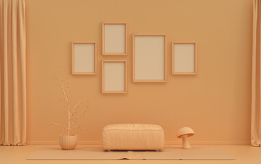 Single color monochrome orange pinkish color interior room with furnitures and plants,  5 poster frames on the wall, 3D rendering