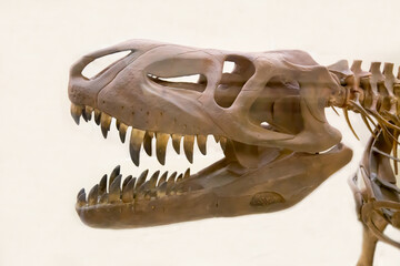The skull of the predatory theropod dinosaur tarbosaurus (Latin: Tarbosaurus bataar) is isolated on a white background. Paleontology fossil animals.