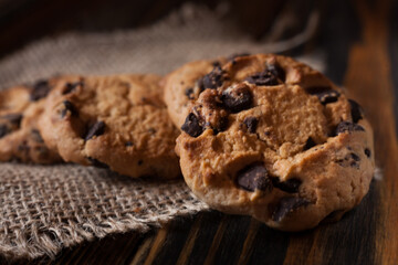 Chocolate cookies on table. Chocolate chip cookies shot