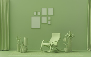 Modern interior flat light green color room with furnitures and plants, gallery wall template with eight frames on the wall for poster presentation, 3d Rendering