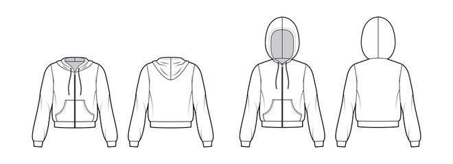 Set of Zip-up Hoody sweatshirt technical fashion illustration with long sleeves, relax body, kangaroo pouch, banded hem. Flat apparel template front, back, white color. Women, men, unisex CAD mockup