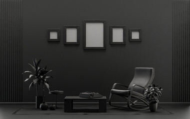 Flat color interior room for poster showcase with 5 frames  on the wall, monochrome black and dark gray color gallery wall with furnitures and plants. 3D rendering