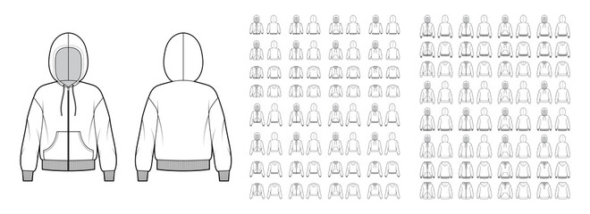 Set of Zip-up Hoody sweatshirt technical fashion illustration with long sleeves, oversized body, kangaroo pouch, knit cuff, banded hem. Flat template front, back, white color. Women, men, unisex CAD