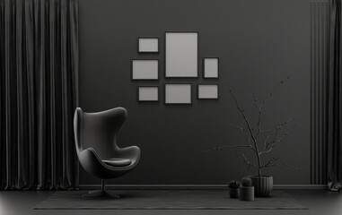 Mock-up poster gallery wall with 7 frames in solid pastel black and dark gray room with single chair and plants, 3d Rendering