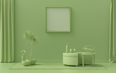 Single Frame Gallery Wall in light green color monochrome flat room with single chair and plants, 3d Rendering