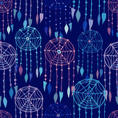 Vector colorful seamless pattern of lined dream catchers on dark blue