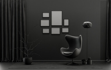 Mock-up poster gallery wall with 7 frames in solid pastel black and dark gray room with furnitures and plants, 3d Rendering