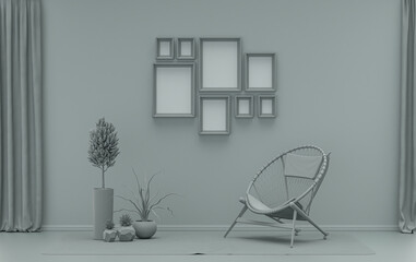 Modern interior flat ash gray color room with single chair and plants, gallery wall template with eight frames on the wall for poster presentation, 3d Rendering