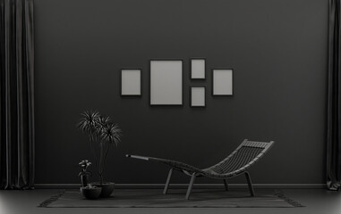 Flat color interior room for poster showcase with 5 frames  on the wall, monochrome black and dark gray color gallery wall with meditation bed and plants. 3D rendering