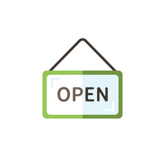 Open notice. Label with text. Flat color icon. Commerce vector illustration