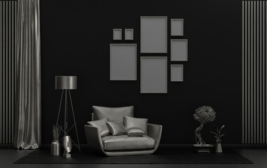 Minimalist living room interior in flat single pastel black background and metallic silver color with 8 frames on the wall and furnitures and plants, in the room, 3d Rendering