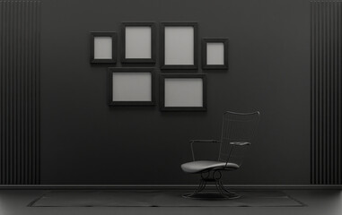 Wall mockup with six frames in solid flat  pastel black and dark gray color, monochrome interior modern living room with single chair, without plant, 3d rendering
