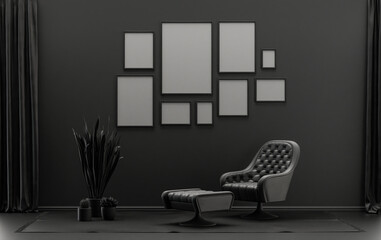 Modern interior flat black and dark gray color room with single chair and plants, gallery wall template with 9 frames on the wall for poster presentation, 3d Rendering