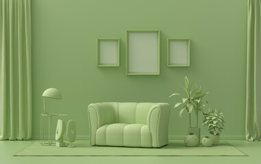 Gallery wall with three frames, in monochrome flat single light green color room with furnitures and plants,  3d Rendering
