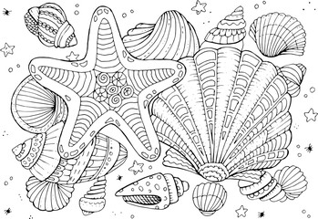Hand drawn coloring page for kids and adults. Summer beach, sea shells, starfish, ocean. Beautiful drawing with patterns and small details. Coloring book pictures. Vector