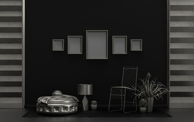 Flat color interior room for poster showcase with 5 frames  on the wall, monochrome black and metallic silver color gallery wall with furnitures and plants. 3D rendering