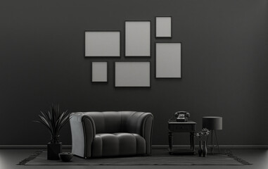 Wall mockup with six frames in solid flat  pastel black and dark gray color, monochrome interior modern living room with furnitures and plants, 3d rendering