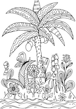 Hand drawn coloring page for kids and adults. Summer beach, tropical island, palm tree and flowers. Beautiful drawing with patterns and small details. Coloring book pictures. Vector