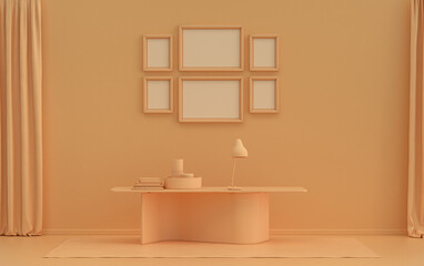 Naklejka na ściany i meble Poster frame background room in flat orange pinkish color with 6 frames on the wall, solid monochrome background for gallery wall mockup, 3d rendering