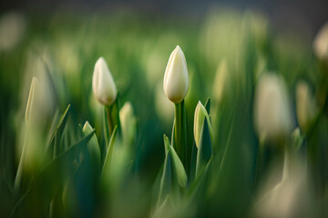 green fresh tulips growing in the greenhouse