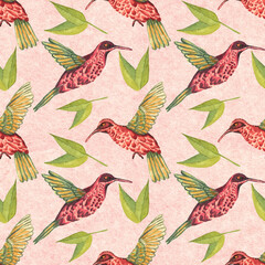Watercolor seamless pattern. Botanical background with hummingbirds, leaves, branches and herbs. Design elements, birds. Perfect for textile, packing, fabric, invitations, cards.
