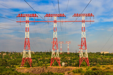 High voltage power line across the Dnieper river on Khortytsia island in Zaporizhia, Ukraine
