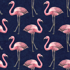 Seamless tropical pattern with pink flamingo on dark background. Watercolor background. Design for wallpaper, textile design, packing, textile, fabric.